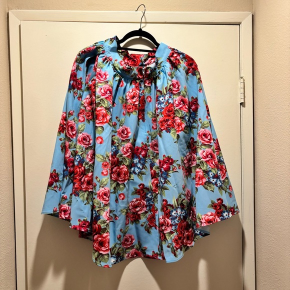 M Vintage Blue & Red Roses Swing Skirt - Vixen by Micheline Pitt EUC LIKE NEW - Picture 3 of 4